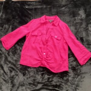INC. women’s, magenta, linen, twist-hem, button down, sz M, blouse